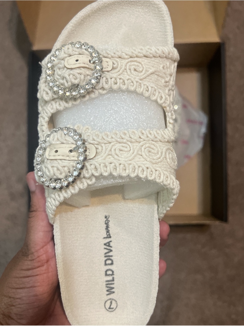 WILD DIVA Lounge Cream Braided Slide Sandals with Rhinestone Buckles